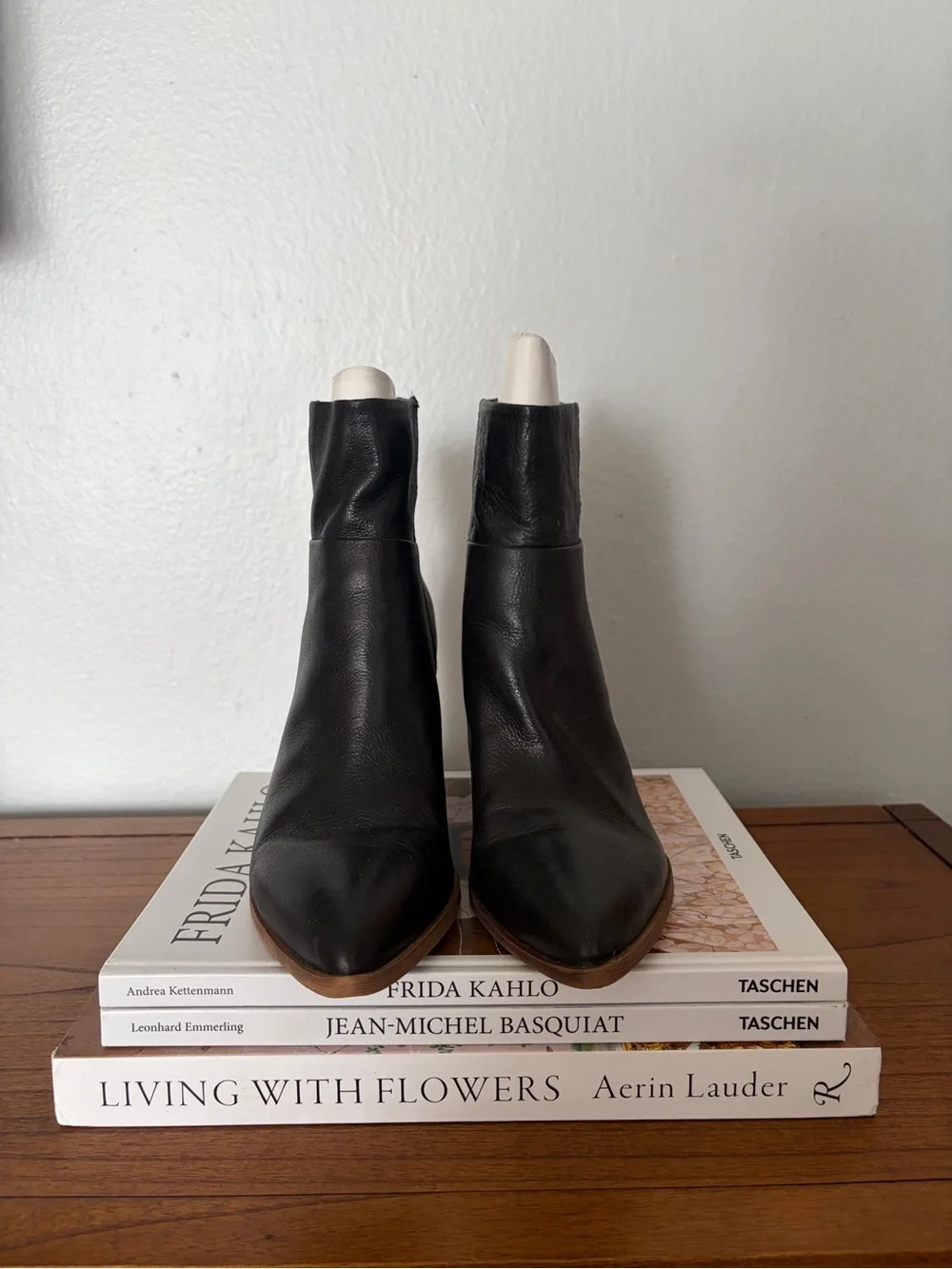 Franco Sarto Black Leather Pointed Ankle Booties with Wood Block Heel